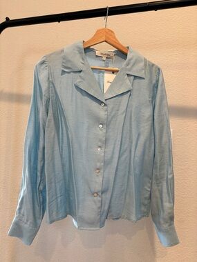 Light Blue Silk-Blend Button Front Blouse